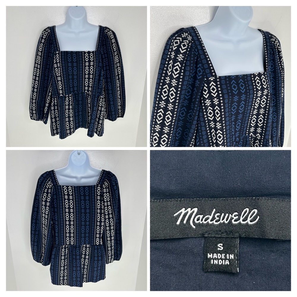 Madewell Lightspun Millbrook Puff Sleeve Peplum‎ Top Size Small Geo Aztec Print
